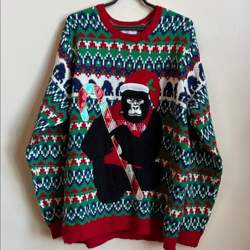 Holiday Time Gorilla Christmas Sweater - Red, Green, Black
